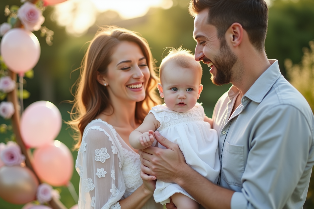 Famille heureuse lors d'une cérémonie dans le jardin avec bébé en blanc