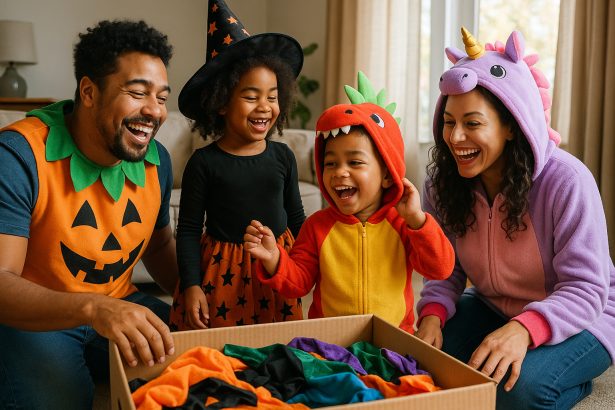 Famille heureuse en costumes d'Halloween dans le salon