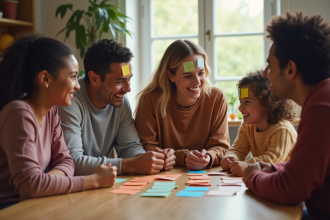 Famille diverse riant autour d'une table en jouant à deviner avec des notes