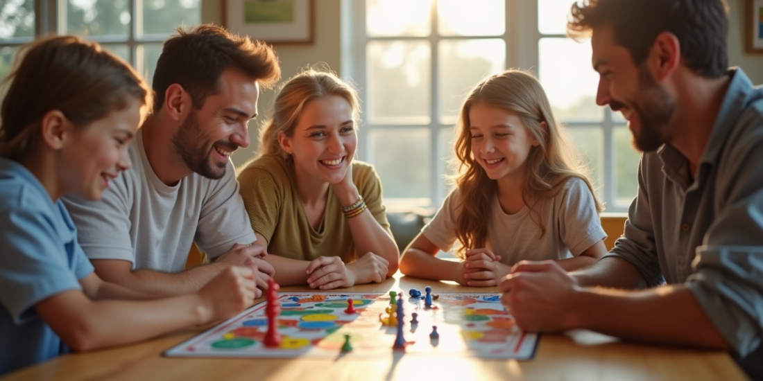 Famille diverse jouant à un jeu de société lumineux