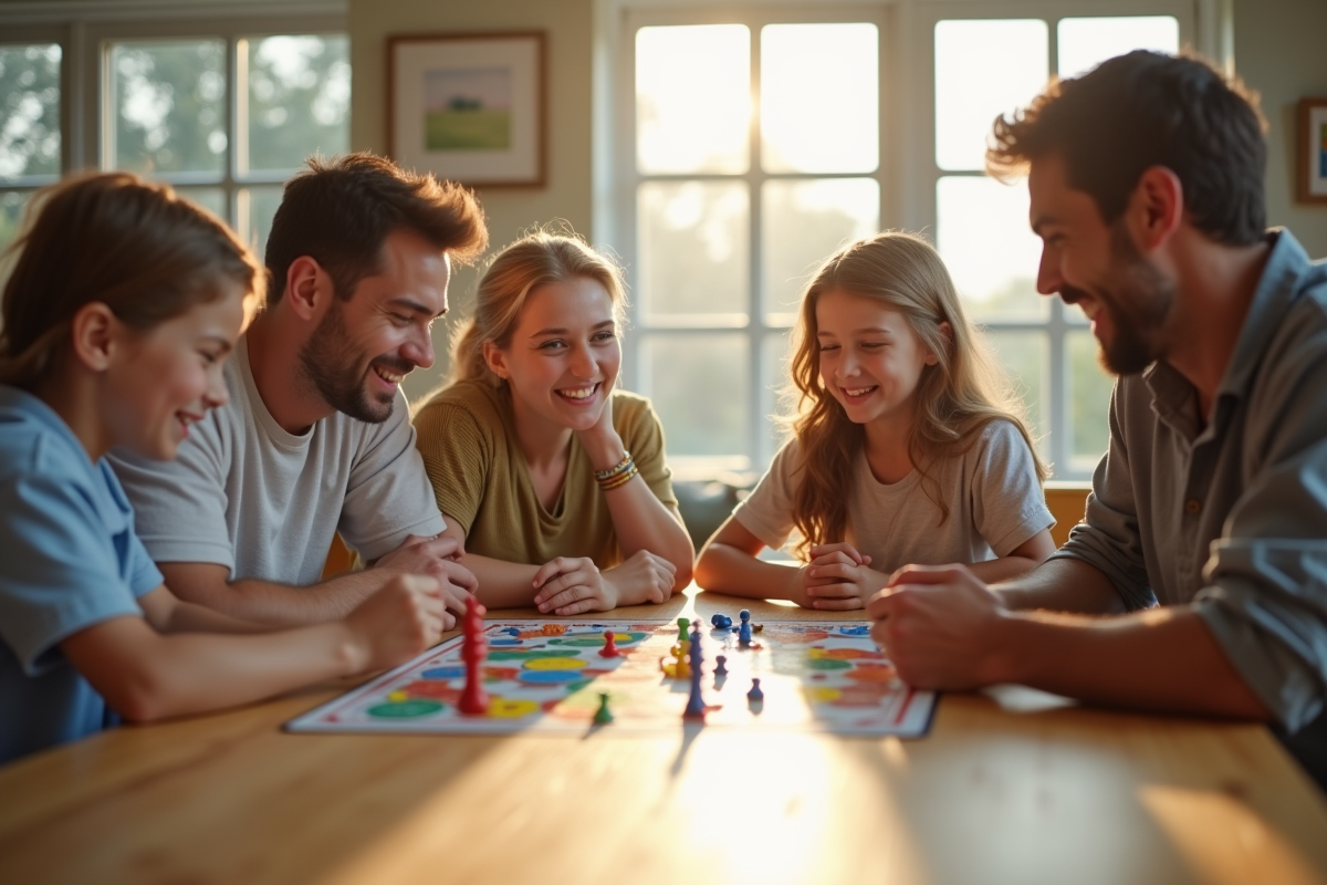 Famille diverse jouant à un jeu de société lumineux