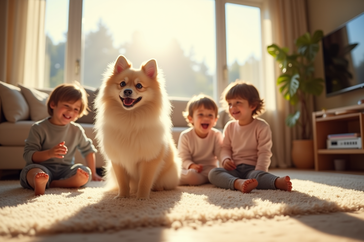 Famille heureuse avec un chien german spitz dans le salon lumineux