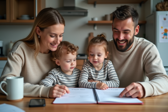 Parents avec jumeaux regardant des documents officiels à la maison