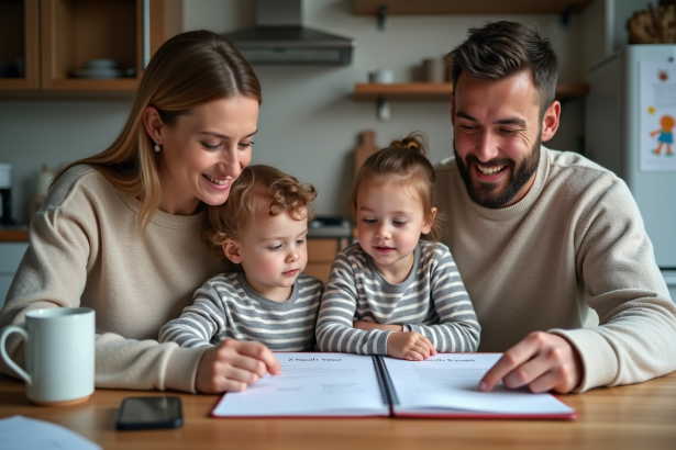 Parents avec jumeaux regardant des documents officiels à la maison