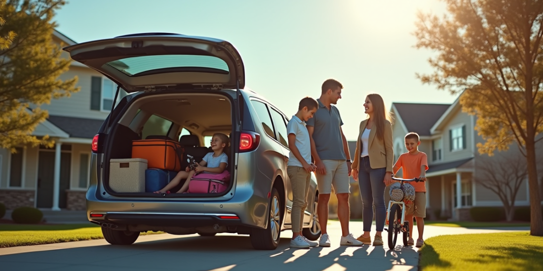 Famille heureuse avec minivan en extérieur ensoleille