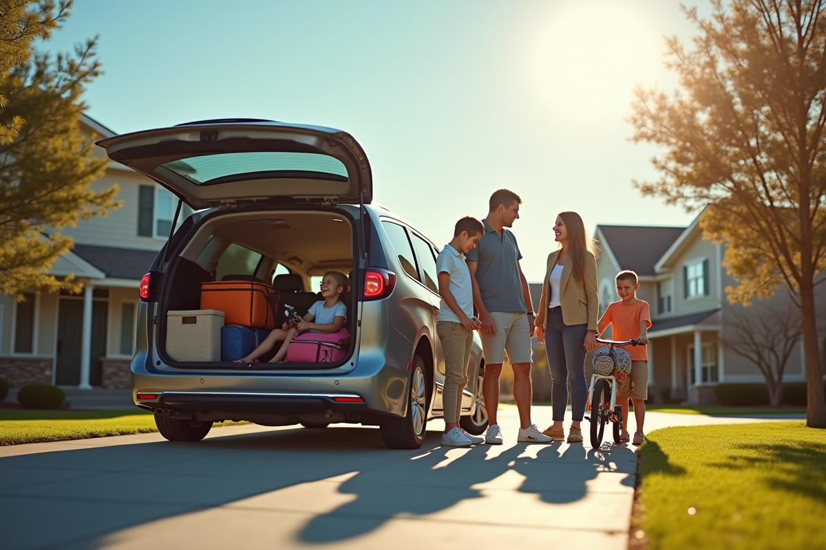 Famille heureuse avec minivan en extérieur ensoleille