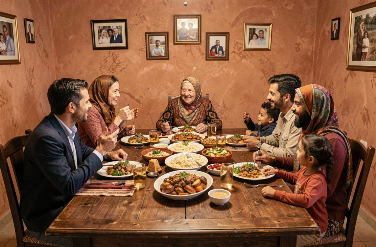 Famille d'origine maghrébine réunie autour d'un repas traditionnel, illustrant les racines familiales et culturelles d'une personnalité médiatique