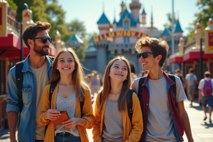 Famille de quatre devant l'entrée de Disneyland ensoleillée