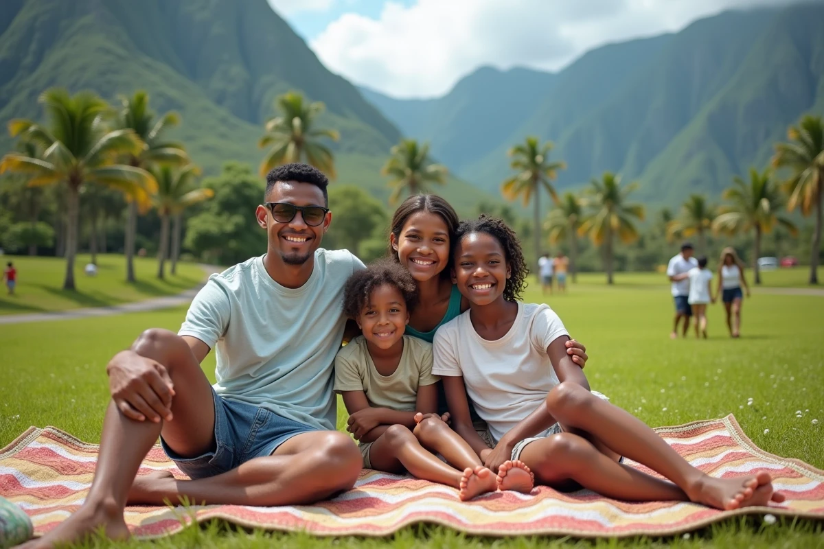 Famille créole heureuse lors d'un pique-nique à Réunion