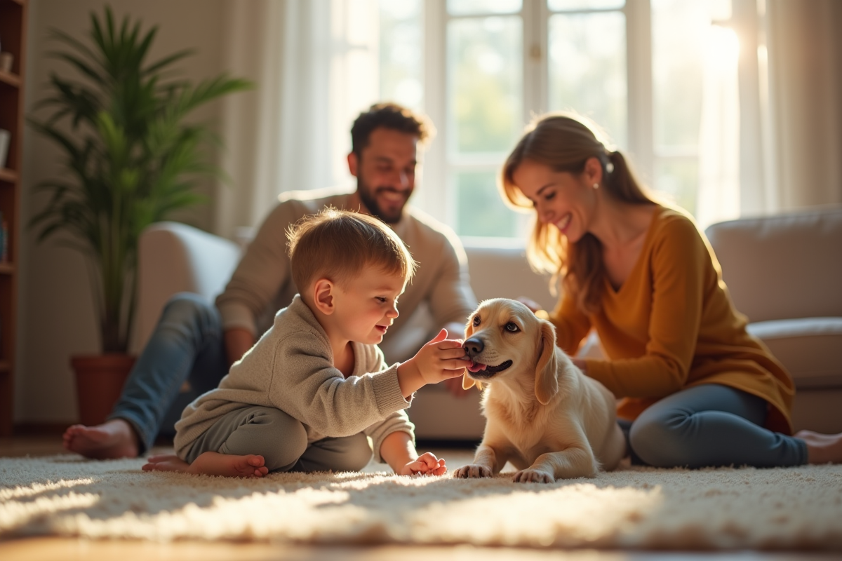 Famille souriante jouant avec un chien dans le salon