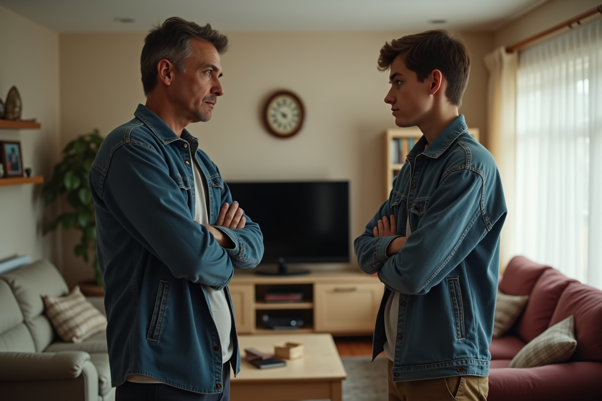 Homme et adolescent dans un salon familial tendu