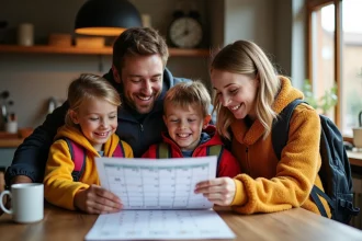 Famille de quatre examine calendrier vacances à la maison
