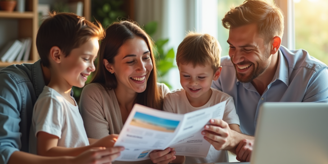 Famille souriante planifiant leurs vacances d'été à la maison