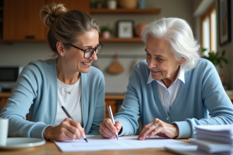 Femme aidant sa mère âgée à faire des papiers dans la cuisine