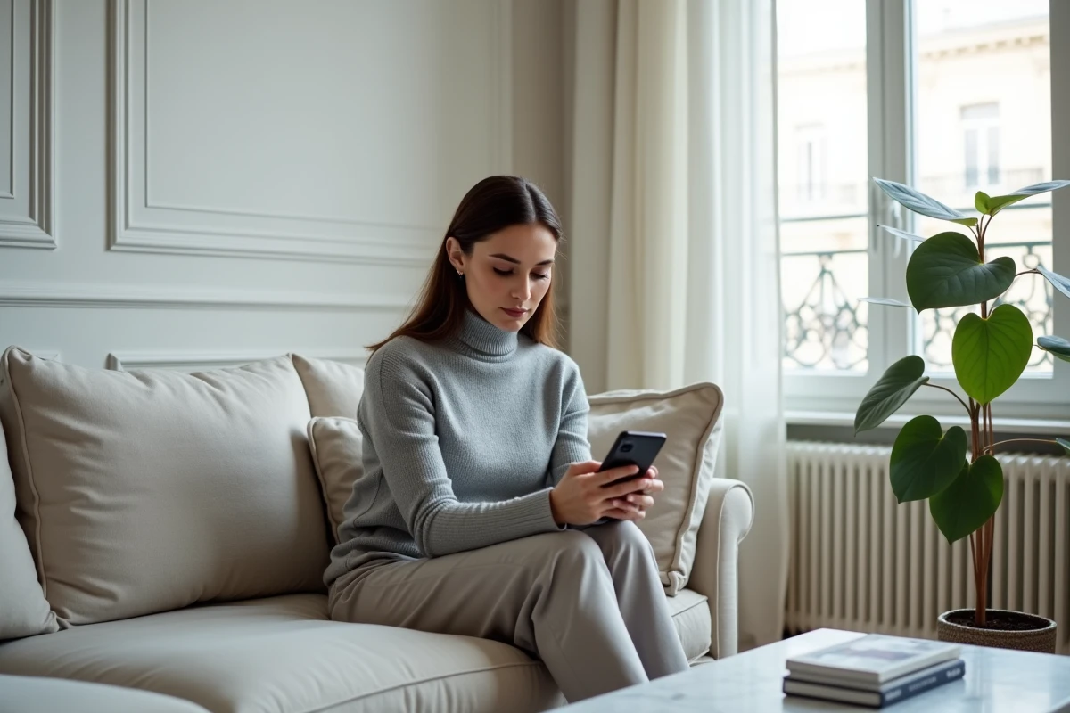 Femme posée dans un appartement parisien moderne, tenant un smartphone retourné, symbolisant la discrétion sur la vie privée et les rumeurs en ligne