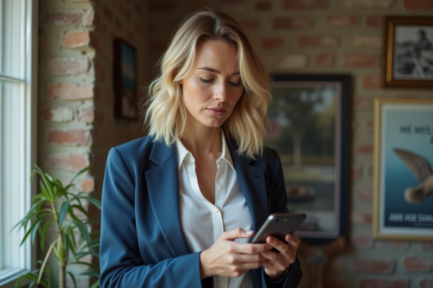 Femme blonde en blazer bleu dans un appartement à Mille