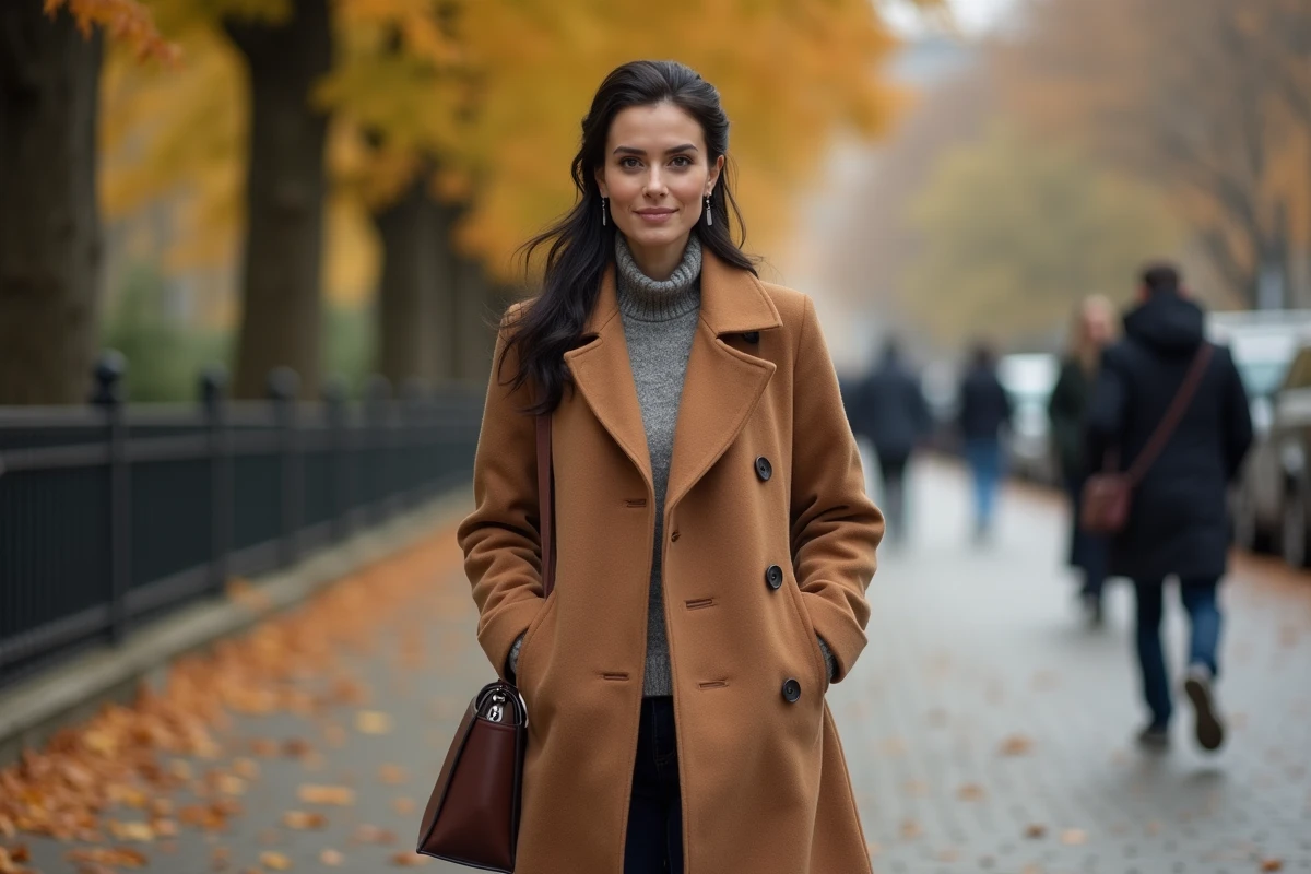 Femme marchant dans une avenue parisienne en automne, capturée de manière discrète, évoquant l'anonymat et la vie familiale protégée