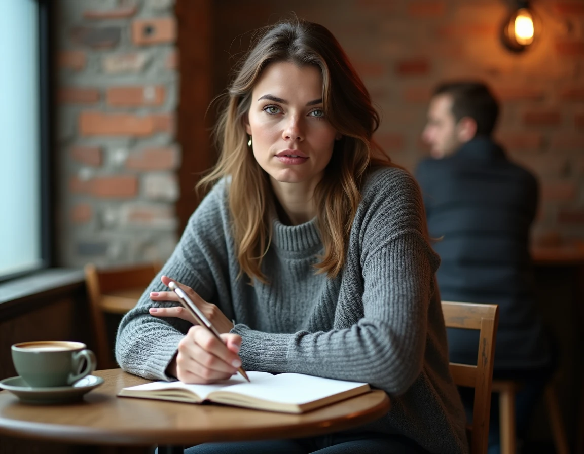 Femme pensive attablée dans un café parisien avec un carnet ouvert et un café, évoquant l'intimité et les vérités cachées de la vie privée d'une personnalité des médias