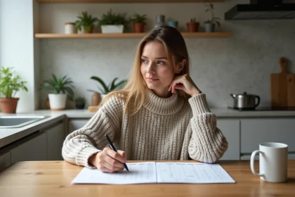 Jeune femme à la cuisine marque dates sur calendrier