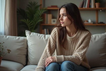 Jeune femme pensive dans un salon moderne