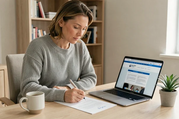 Femme signant des documents de divorce en ligne depuis son bureau à domicile, après un an de recul sur la procédure