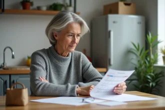 Femme consultant des documents administratifs sur le versement du RSA à une table de cuisine modeste