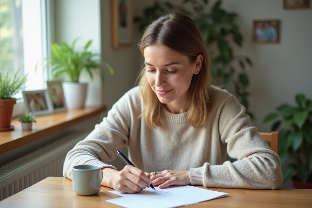 Femme écrivant une carte de condoléances dans la cuisine