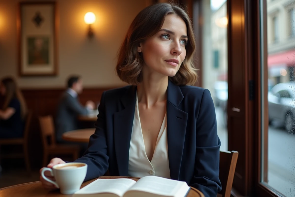 Femme élégante assise dans un café parisien, lisant un livre avec discrétion, illustrant la vie privée et l'intimité
