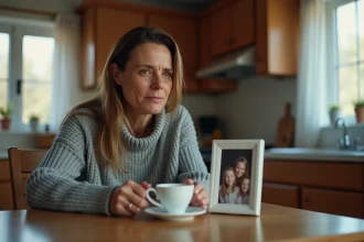 Femme en deuil tenant une tasse de thé en regardant une photo de famille avec émotion