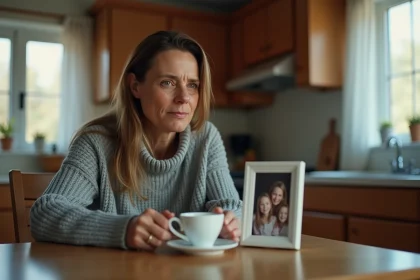 Femme en deuil tenant une tasse de thé en regardant une photo de famille avec émotion