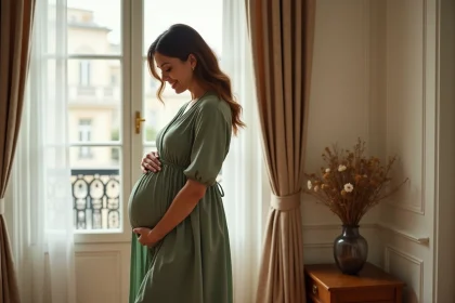 Femme enceinte souriante dans un appartement parisien lumineux, robe verte, tenant son ventre arrondi
