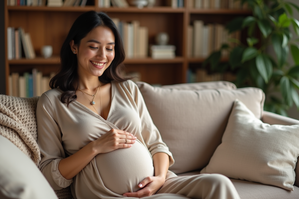 Femme enceinte dans un salon cosy avec bola de grossesse