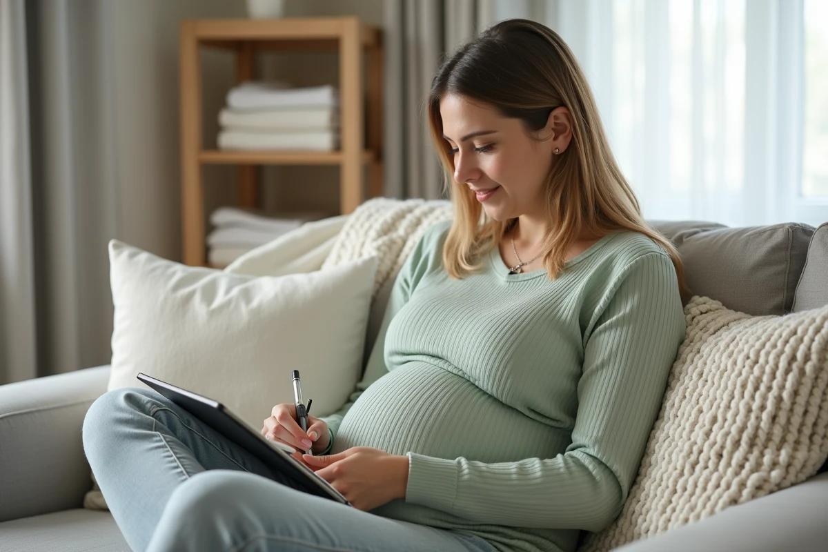 Femme enceinte préparant sa liste de naissance avec un carnet et une tablette sur un canapé