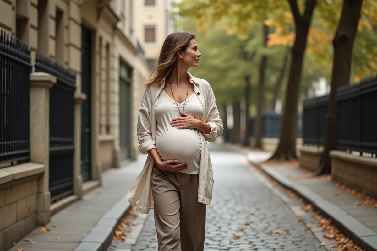 Femme enceinte se promenant dans une rue pavée parisienne en automne, tenue décontractée en lin crème