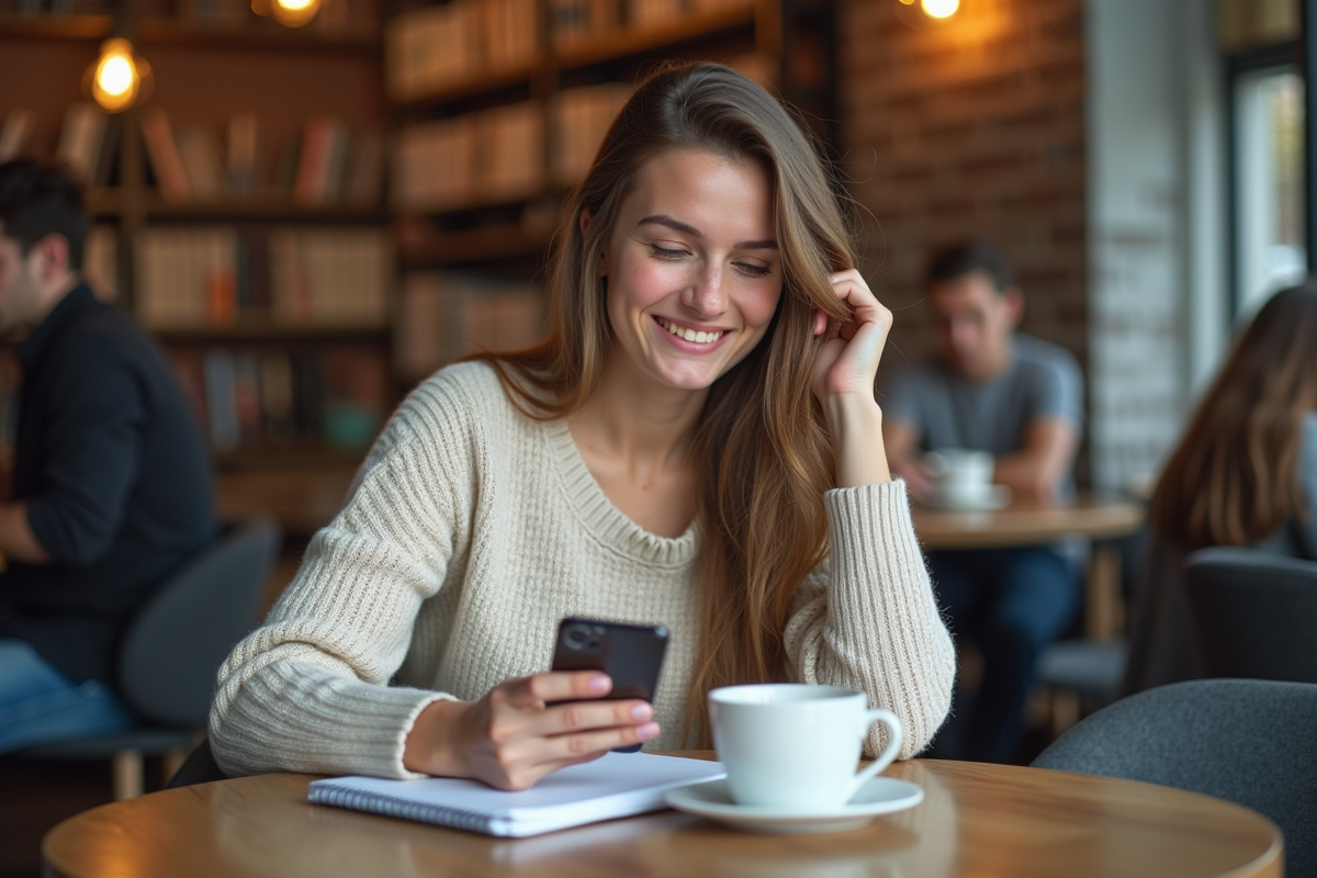 Jeune femme souriante utilisant une application d