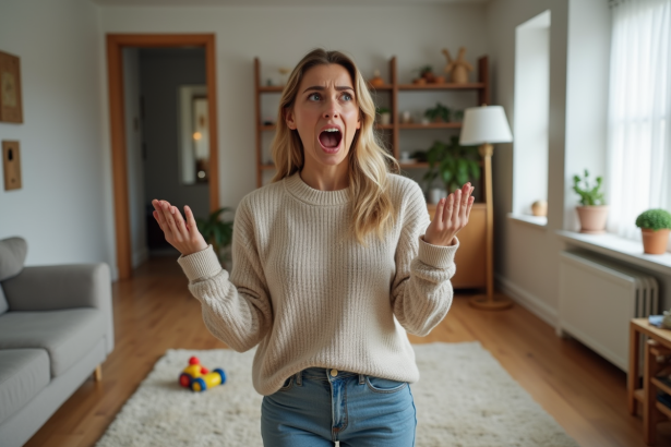 Femme exaspérée dans un salon moderne et minimaliste