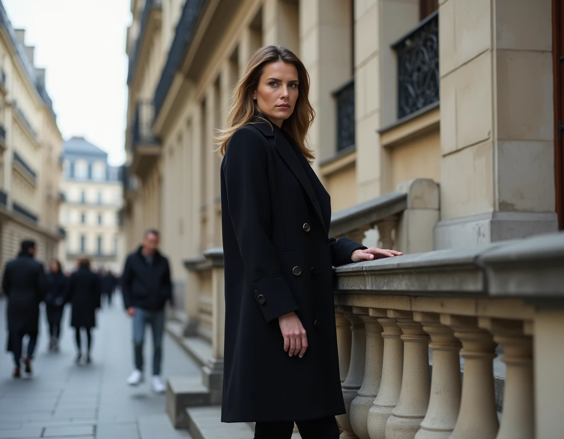 Femme en manteau sombre debout sur les marches d'un immeuble haussmannien parisien, symbolisant le mystère et les zones d'ombre de la vie privée d'une figure publique française