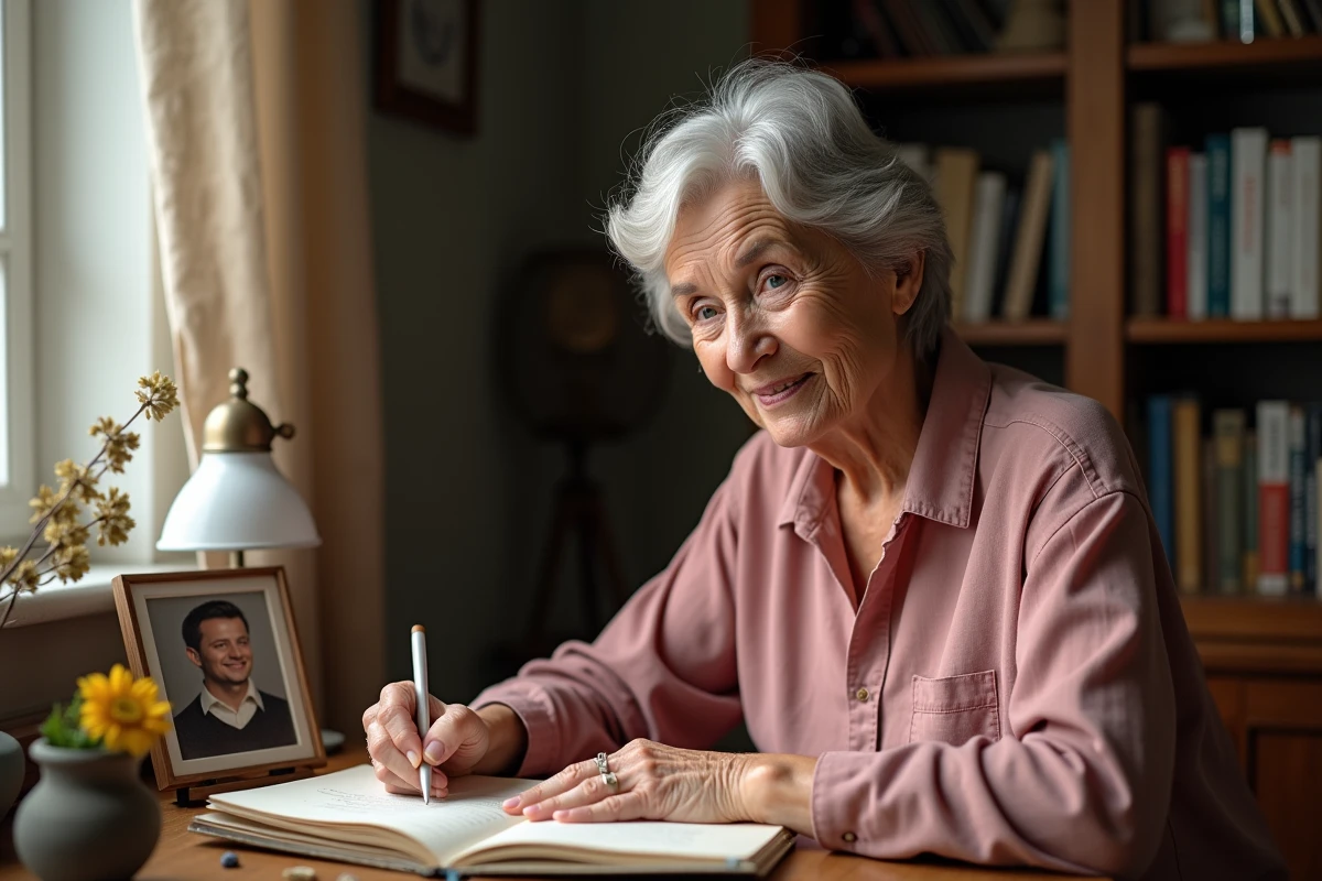 Femme écrivant dans un journal intime pour l'anniversaire de son père disparu, avec sa photo posée à côté