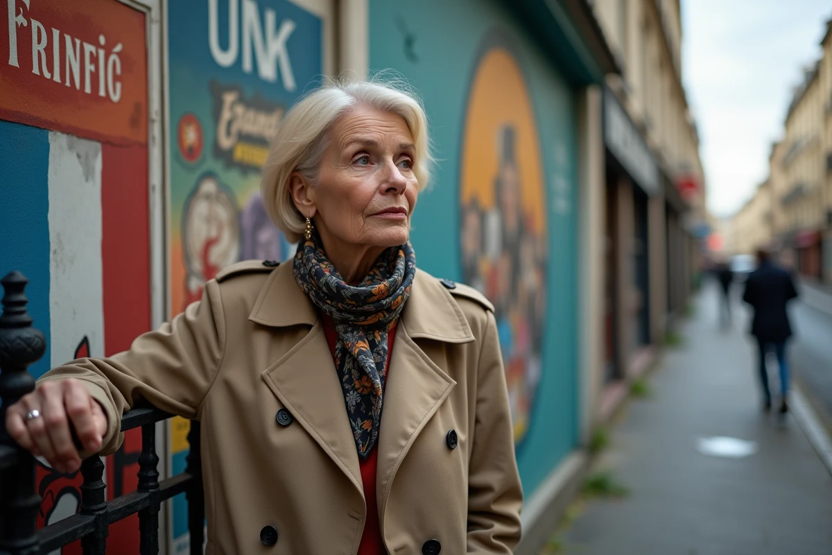 Femme élégante devant un mur parisien avec musique et posters