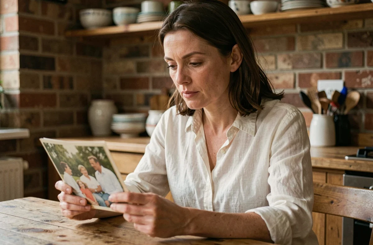Femme adulte tenant une photo de famille vintage à une table de cuisine en bois, exprimant une réflexion profonde sur l'histoire familiale et les liens fraternels