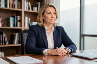 Portrait d'une femme politique professionnelle assise dans un bureau moderne, exprimant calme et autorité