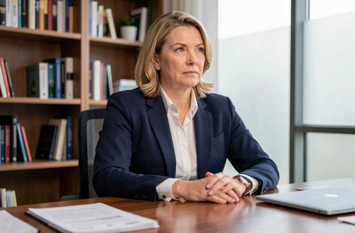 Portrait d'une femme politique professionnelle assise dans un bureau moderne, exprimant calme et autorité