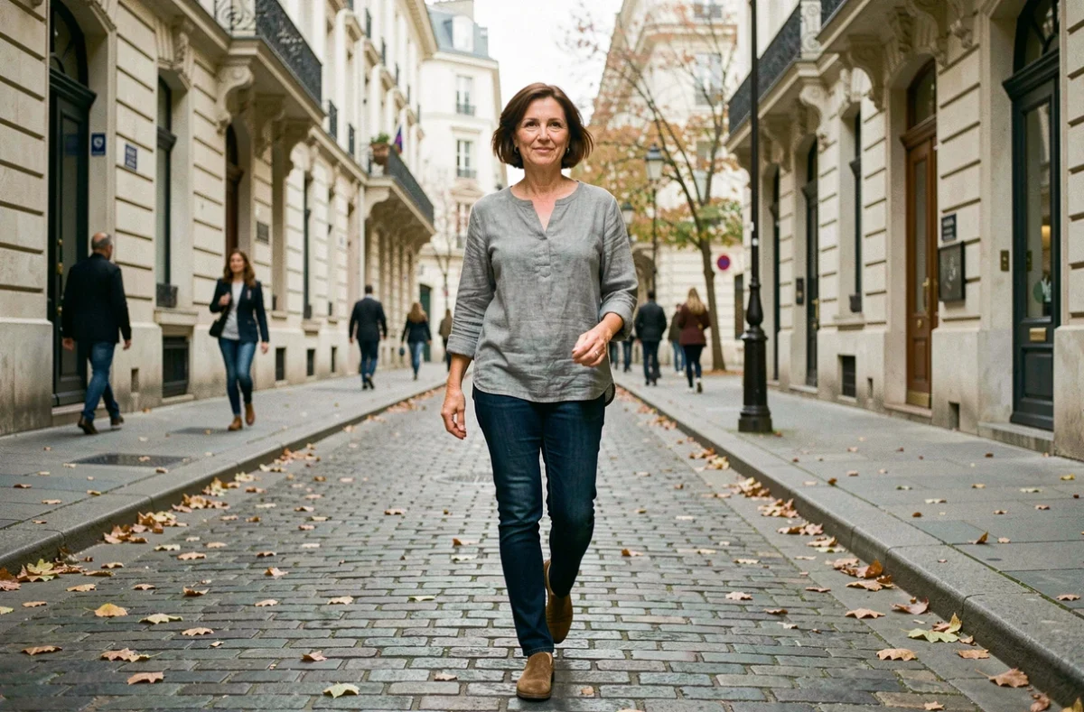 Femme en tenue décontractée marchant dans une rue parisienne pavée en automne, ambiance quotidienne et authentique