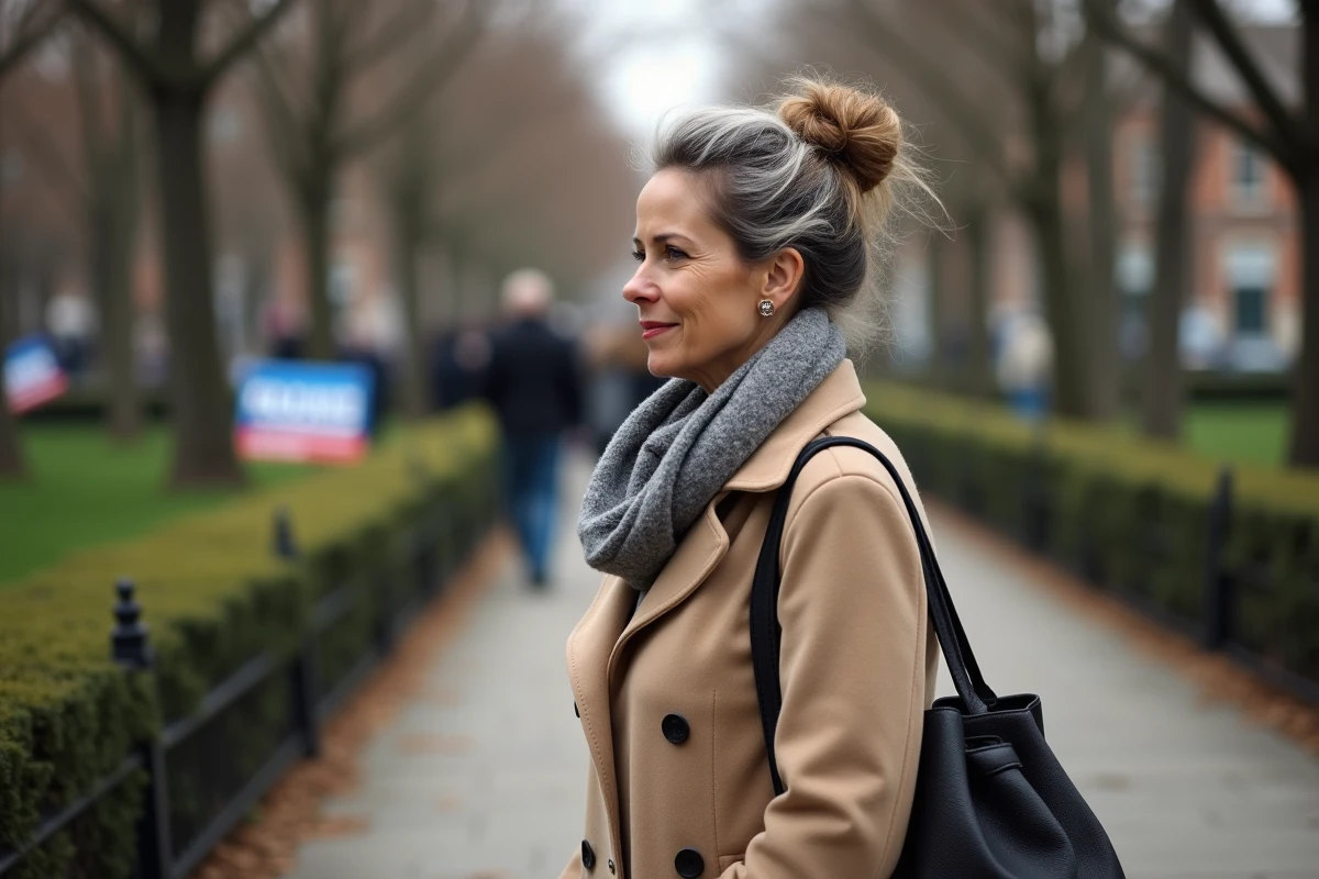 Femme marche dans un parc après un rassemblement politique