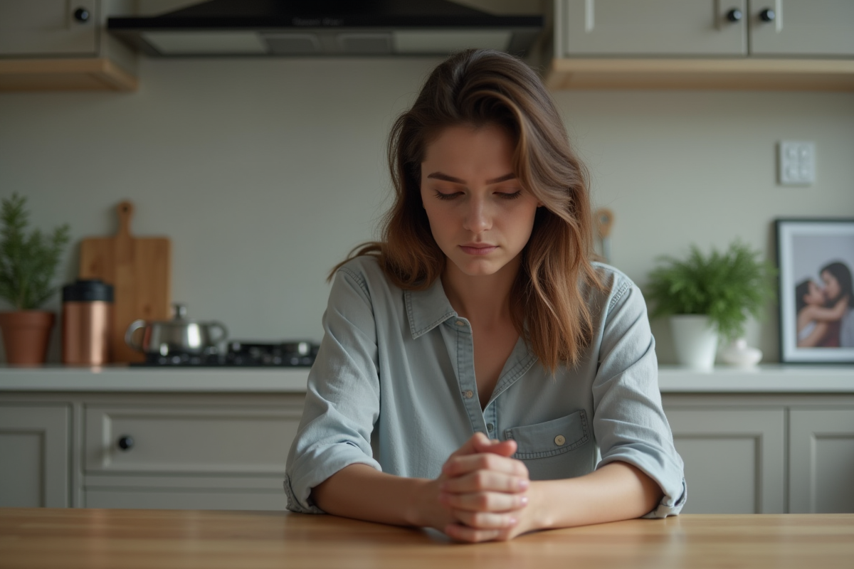 Jeune femme pensant dans une cuisine moderne