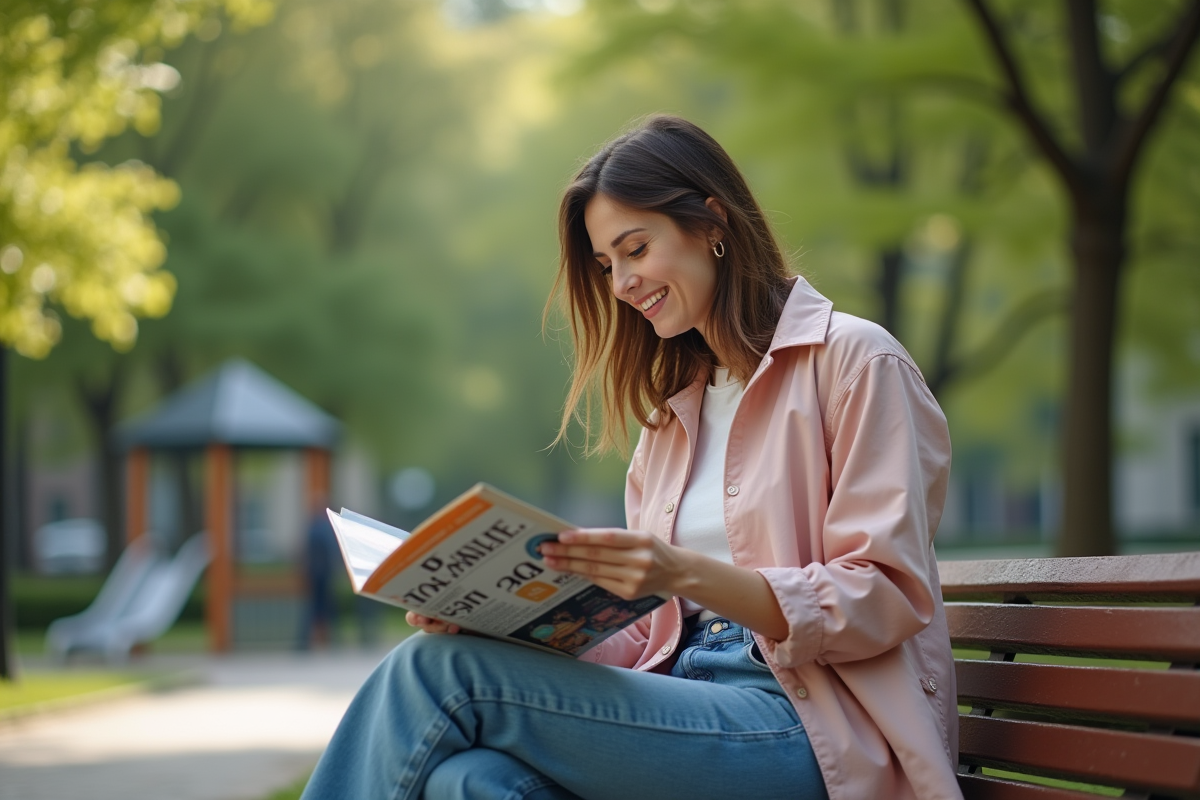 Femme lisant un magazine des années 90 dans un parc urbain