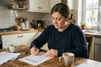 Femme remplissant une attestation d'hébergement à la main sur une table de cuisine avec des documents officiels