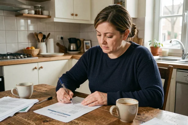 Femme remplissant une attestation d'hébergement à la main sur une table de cuisine avec des documents officiels
