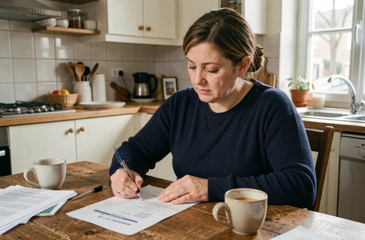 Femme remplissant une attestation d'hébergement à la main sur une table de cuisine avec des documents officiels
