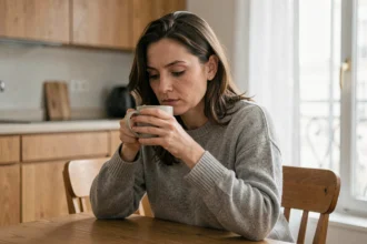 Femme seule et pensive assise dans un appartement parisien, illustrant les statistiques sur le divorce en France en 2026
